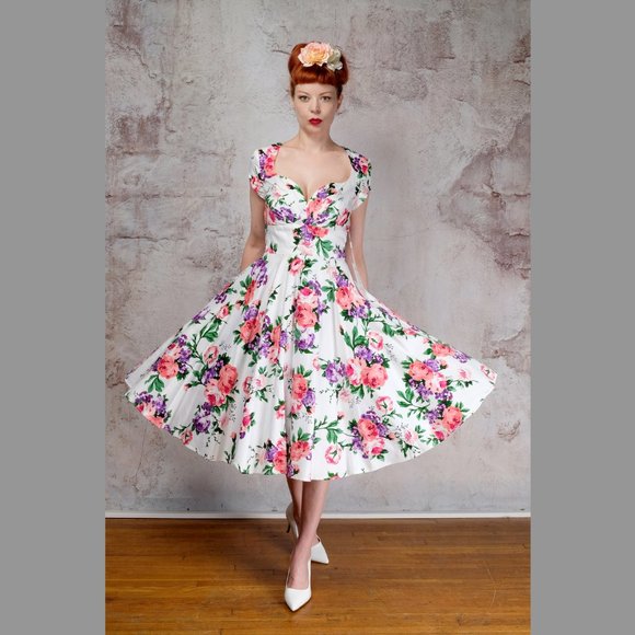 SOLD White and Pink Floral Rockabilly Dress - Picture 2 of 6